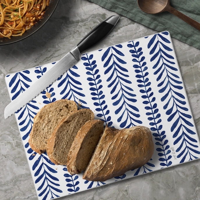 "Indigo Seaweed" 10x8 Tempered Glass Cutting Board