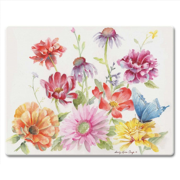 Zinnias Butterflies 10x8 Tempered Glass Cutting Board