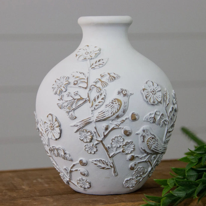 Vase w/ Textured Flowers & Birds