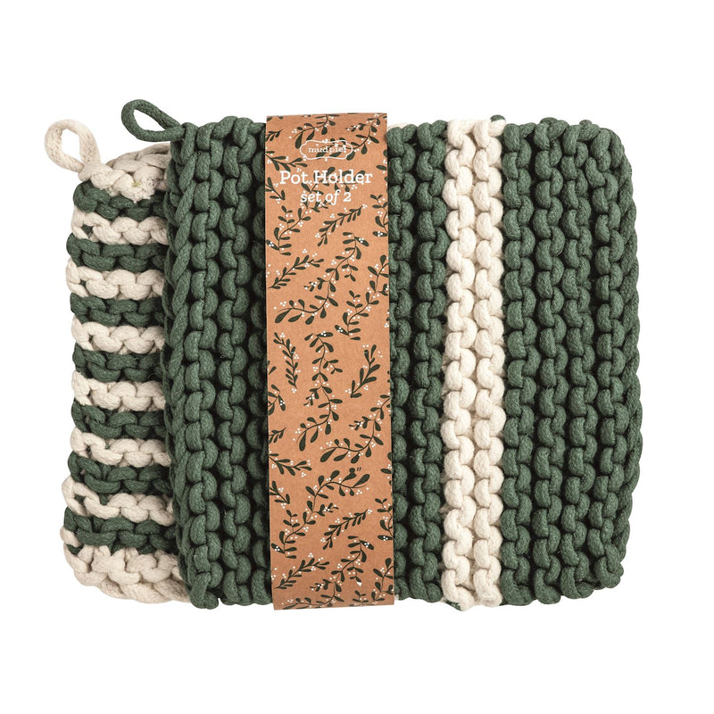 White & Green Striped Potholder Set
