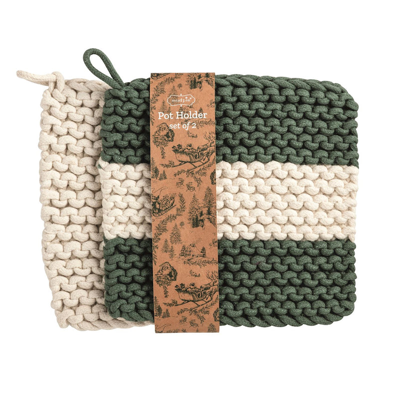 White & Green Striped Potholder Set