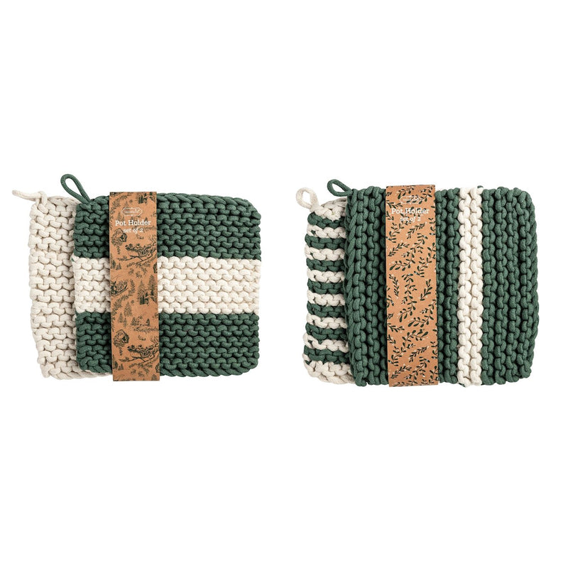 White & Green Striped Potholder Set