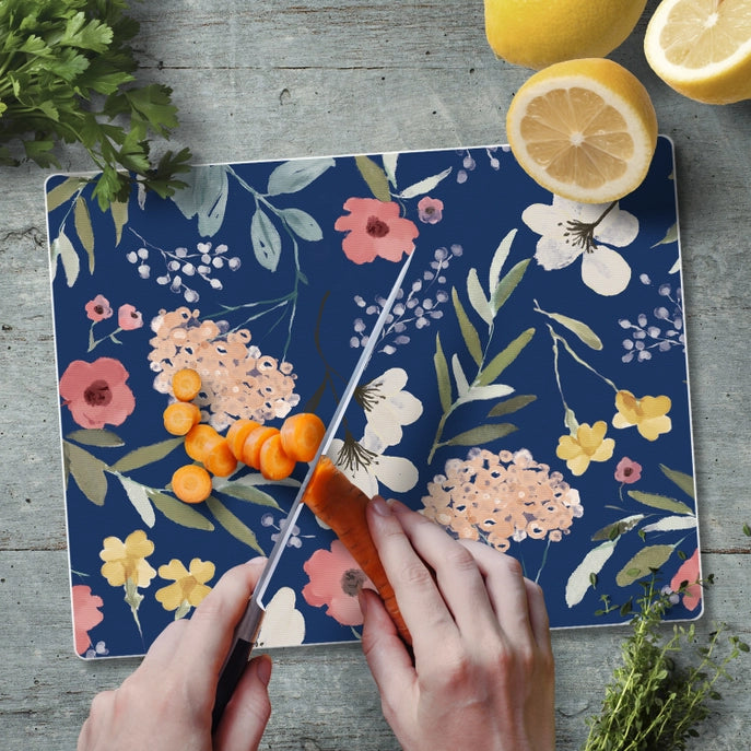 "Meadow Blue Floral" 10x8 Tempered Glass Cutting Board