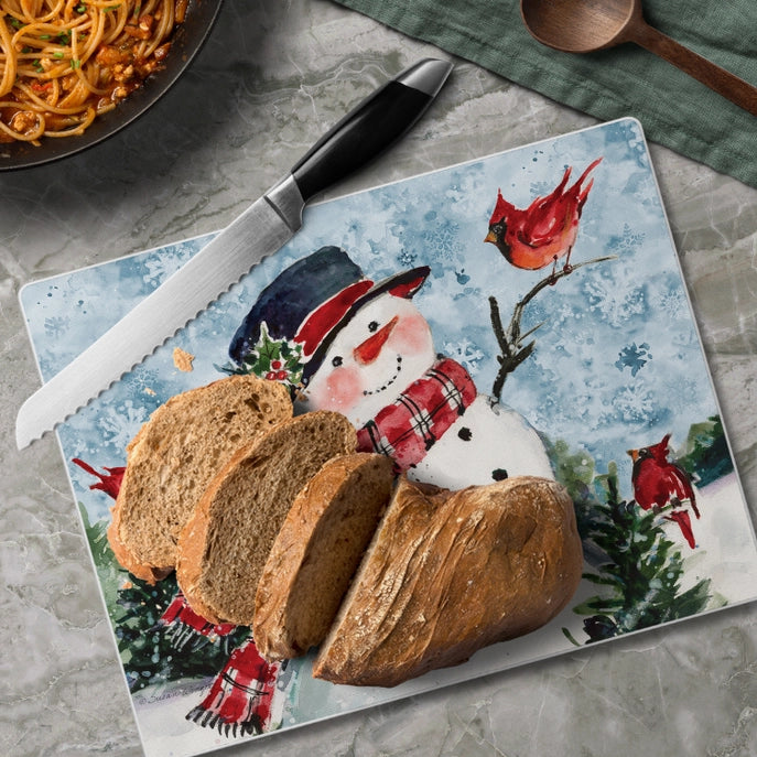 Watercolor Snowman 10x8 Tempered Glass Cutting Board