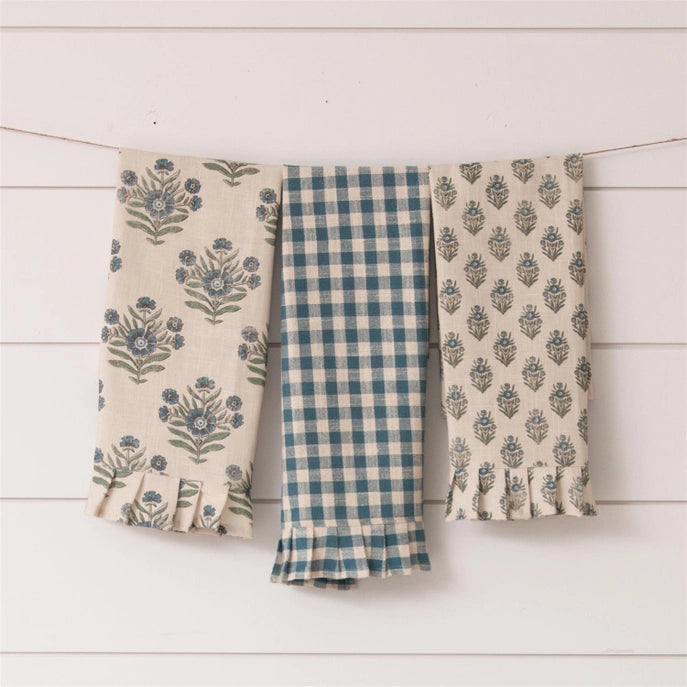 Set of 3 Blue Block Print Tea Towels