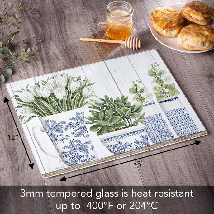 Blue and White Pottery 15x12 Tempered Glass Cutting Board