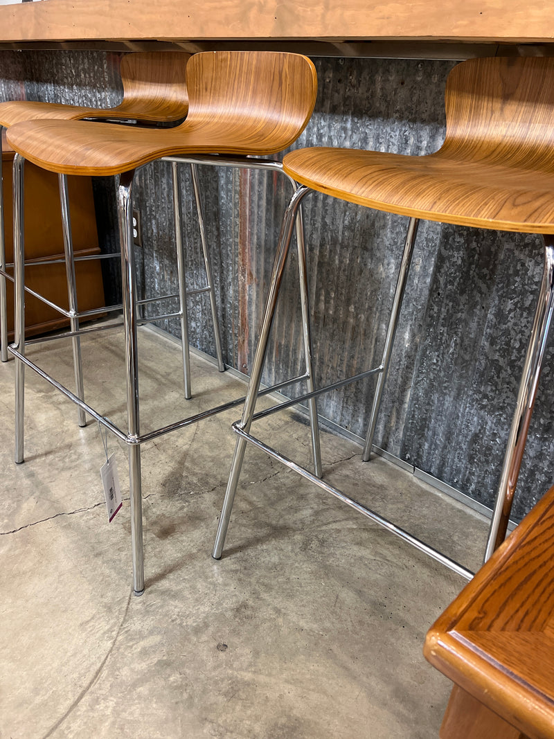 Set of 3 Wooden & Metal Bar Stools