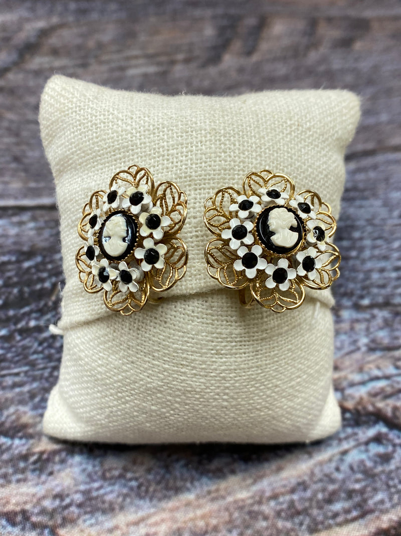 Black & White Flower Cameo Clip On Earrings