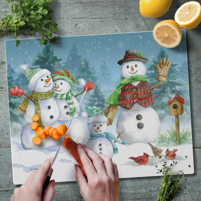 "Snowman Family" 15x12 Tempered Glass Cutting Board