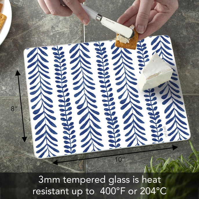 "Indigo Seaweed" 10x8 Tempered Glass Cutting Board