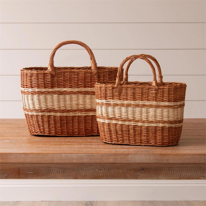 Tan & Cream Striped Wicker Basket