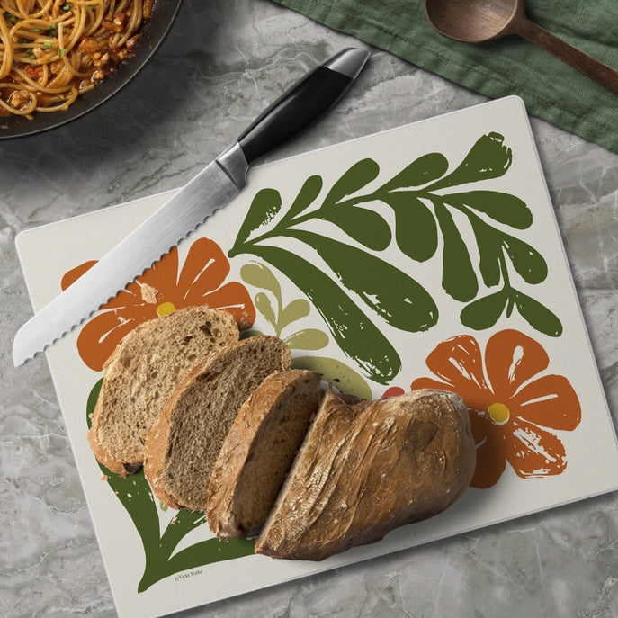"Retro Floral" 10x8 Tempered Glass Cutting Board