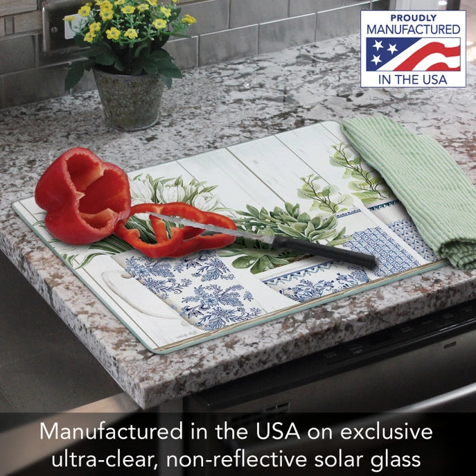 Blue and White Pottery 15x12 Tempered Glass Cutting Board