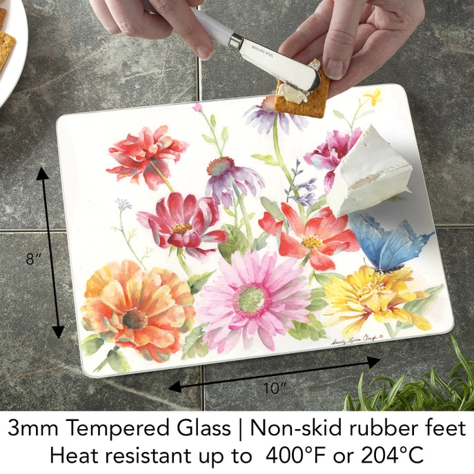 Zinnias Butterflies 10x8 Tempered Glass Cutting Board