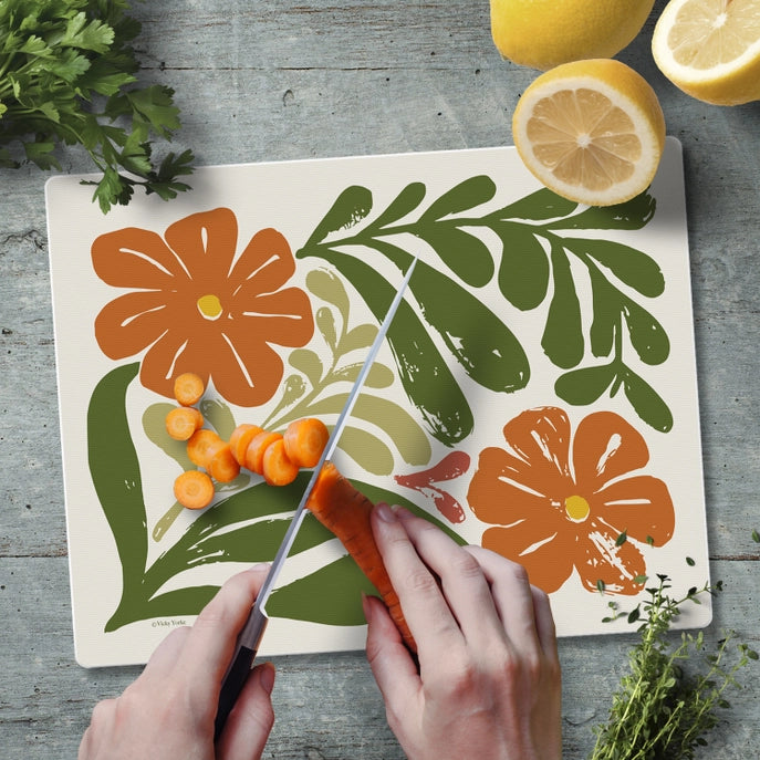 "Retro Floral" 10x8 Tempered Glass Cutting Board