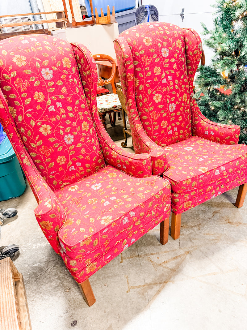 Set of 2 Tall Burgandy Floral Wingback Chairs