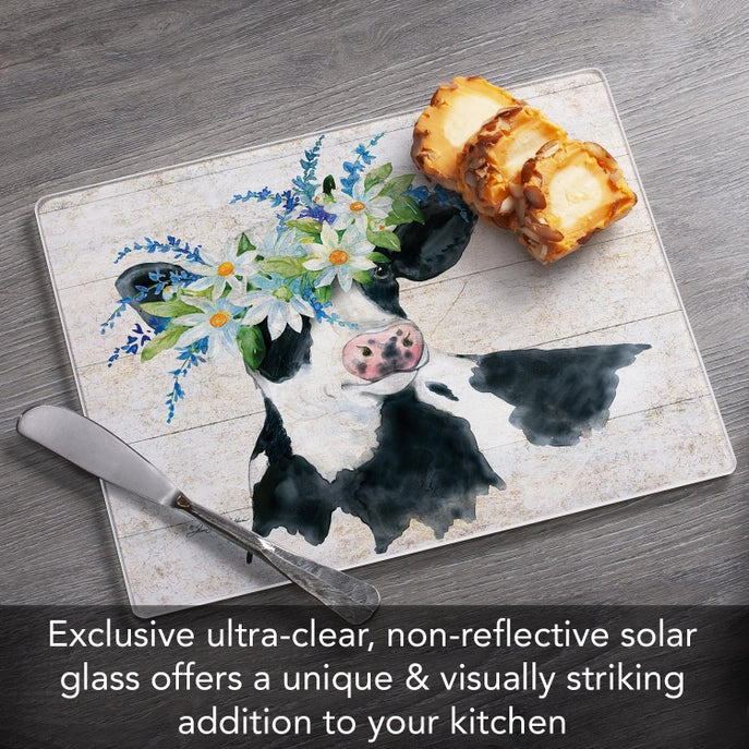 "Spring Cow" 10x8 Tempered Glass Cutting Board