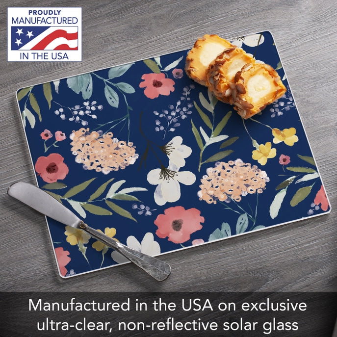 "Meadow Blue Floral" 10x8 Tempered Glass Cutting Board