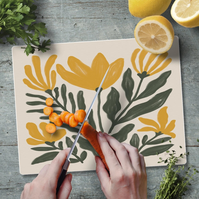 "Yellow Petalsl" 10x8 Tempered Glass Cutting Board