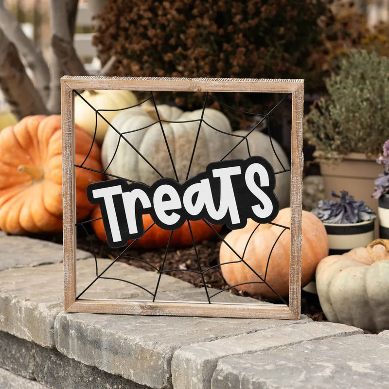 "TREATS" Spider Web Wood Framed Sign