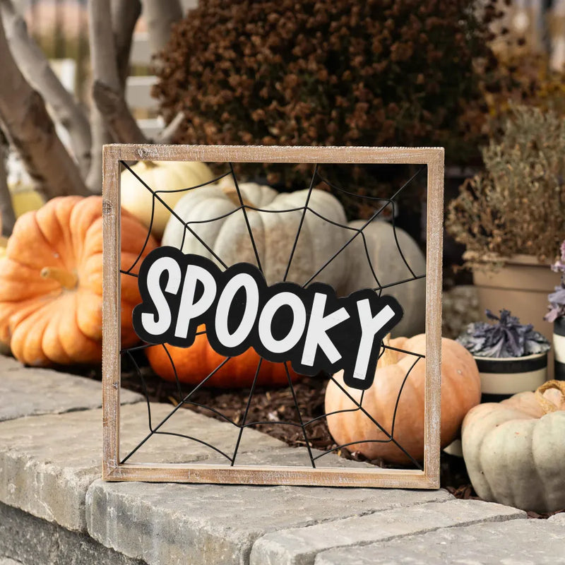 "SPOOKY" Spider Web Wood Framed Sign