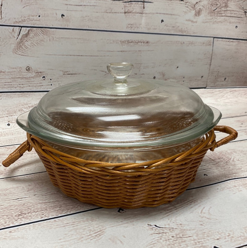 Vintage Glasbake 2 Qt Round Casserole w/ Lid & Basket