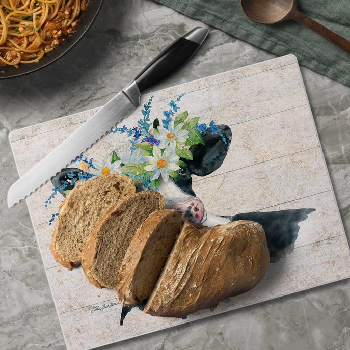 "Spring Cow" 10x8 Tempered Glass Cutting Board