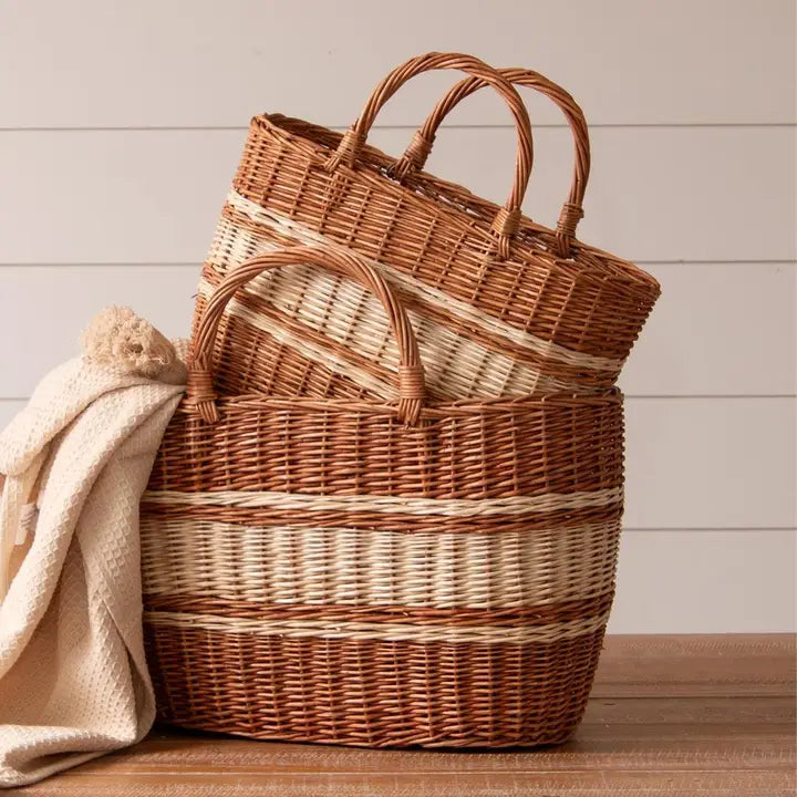 Tan & Cream Striped Wicker Basket