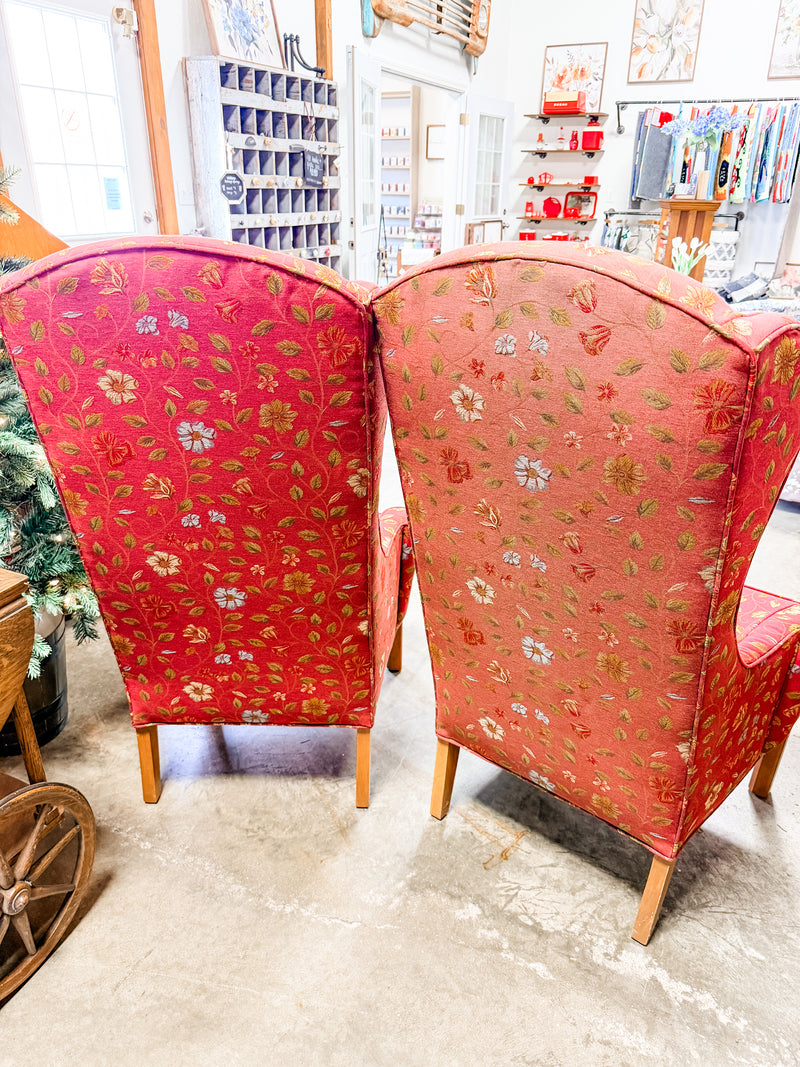 Set of 2 Tall Burgandy Floral Wingback Chairs