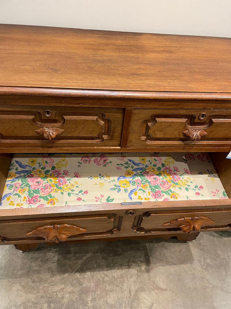 Walnut 4-Drawer Chest w/ Carved Handles (KEY AT FRONT DESK)