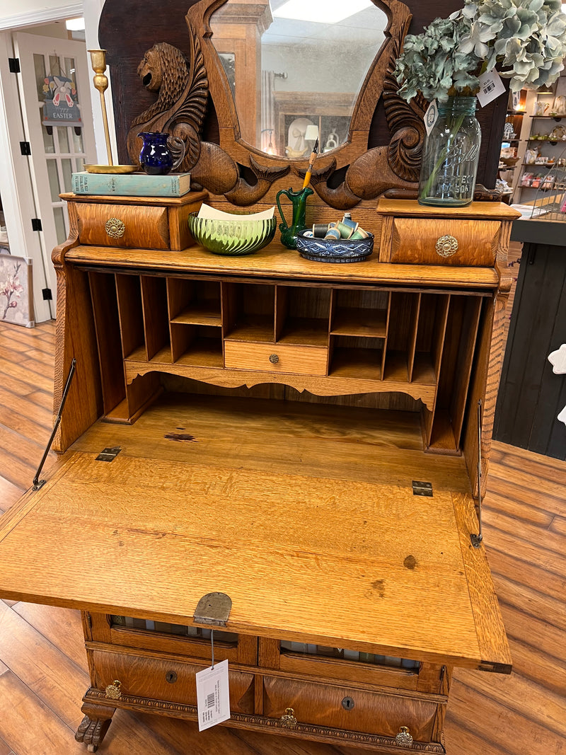Beautifully Carved Antique Oak Desk / Cabinet
