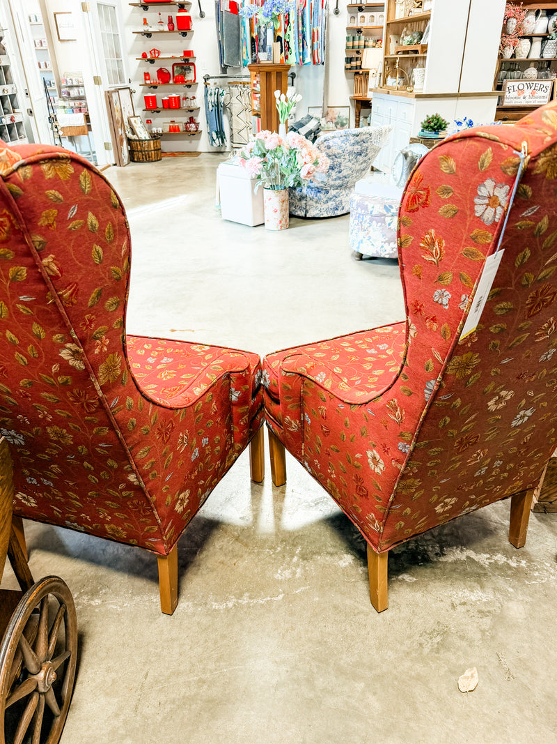 Set of 2 Tall Burgandy Floral Wingback Chairs