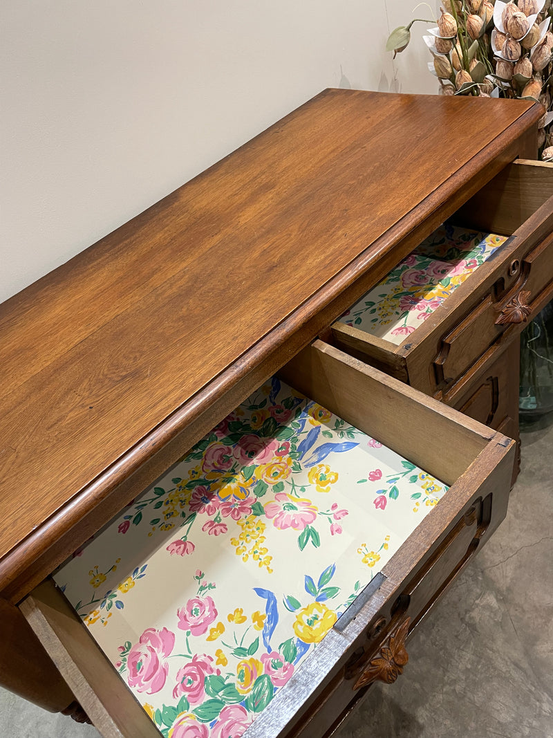 Walnut 4-Drawer Chest w/ Carved Handles (KEY AT FRONT DESK)