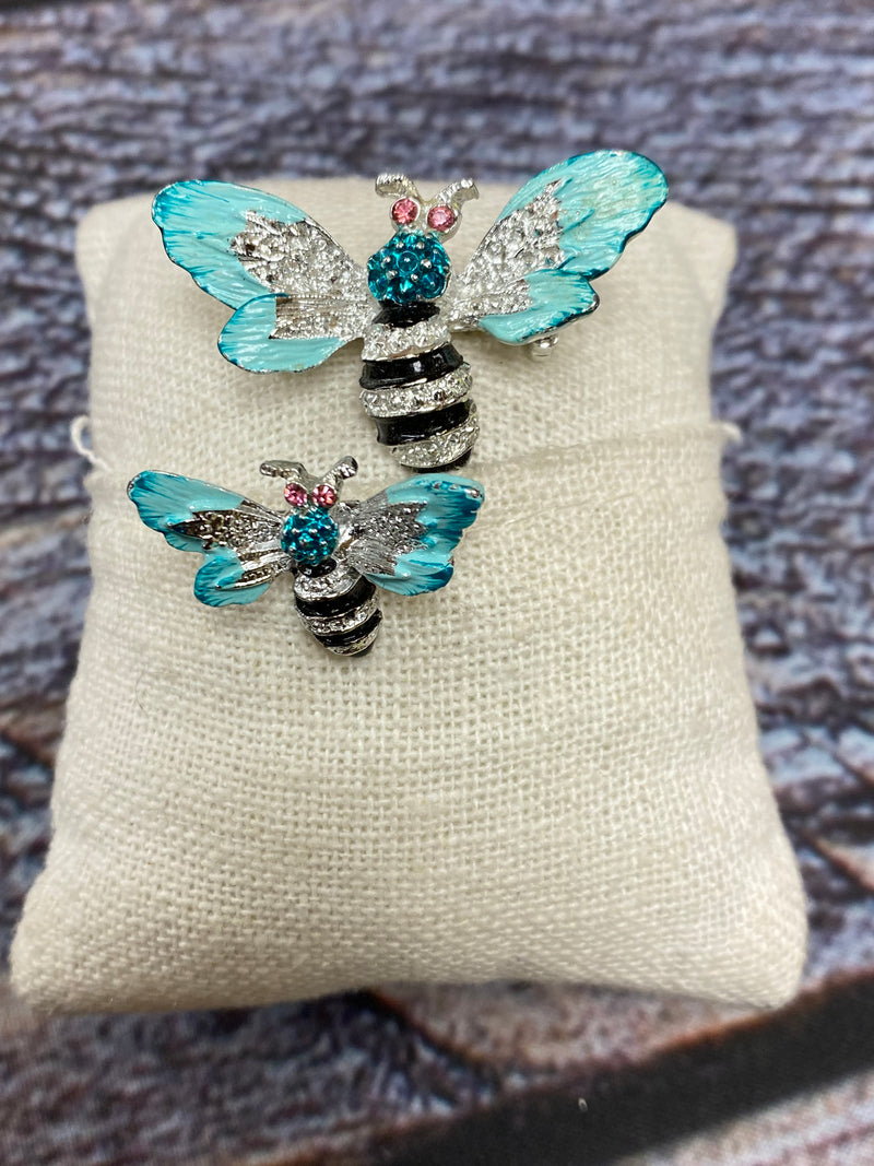 Vintage Silver Tone Blue Bee Brooch - Set of 2