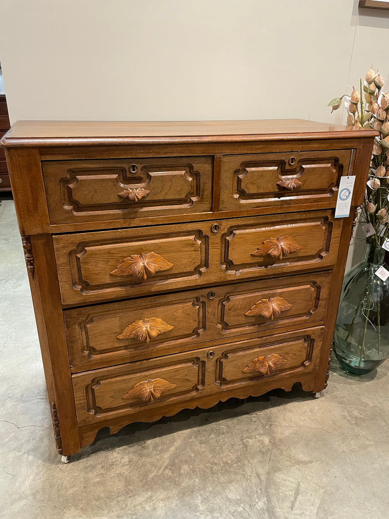 Walnut 4-Drawer Chest w/ Carved Handles (KEY AT FRONT DESK)