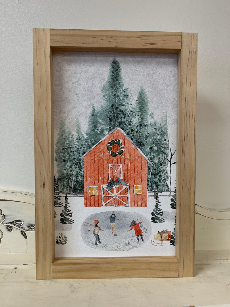8x12 Large Winter Barn Scene-LIGHT OAK