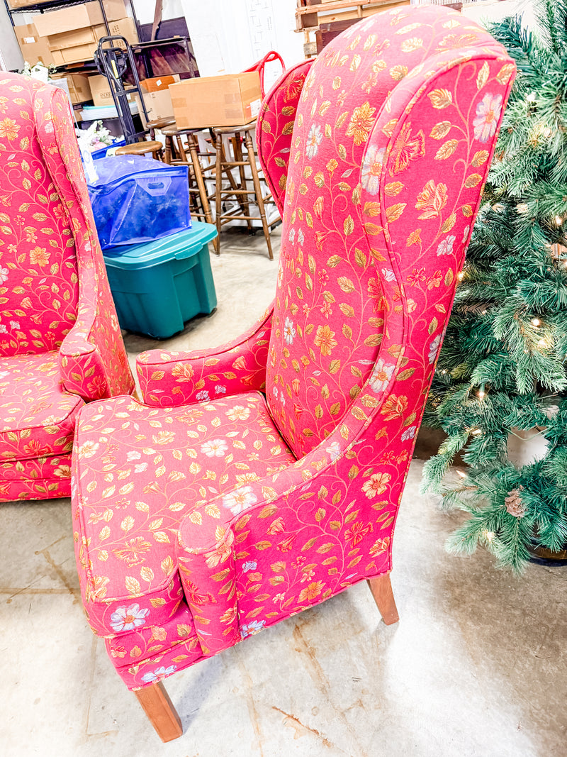 Set of 2 Tall Burgandy Floral Wingback Chairs