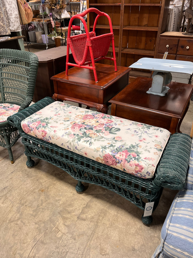Vintage Green Wicker Ottoman