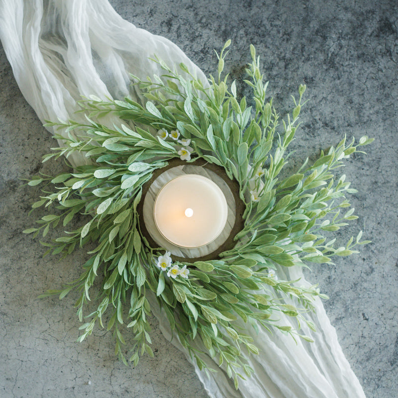 14" CREAM MINI FLOWER & BOXWOOD CANDLE RING
