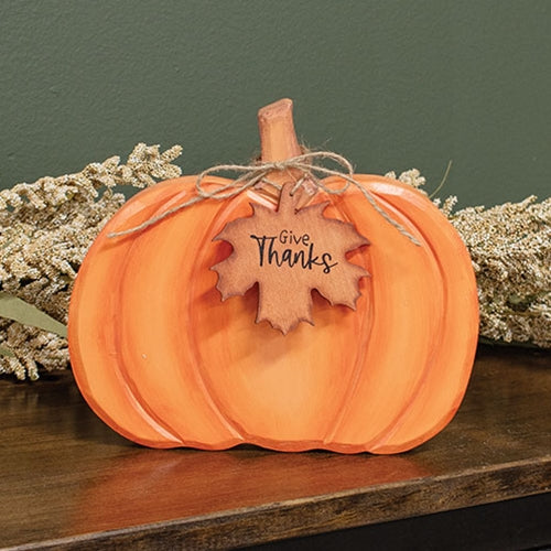 Hand Carved Wooden Give Thanks Pumpkin Sitter