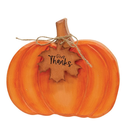 Hand Carved Wooden Give Thanks Pumpkin Sitter
