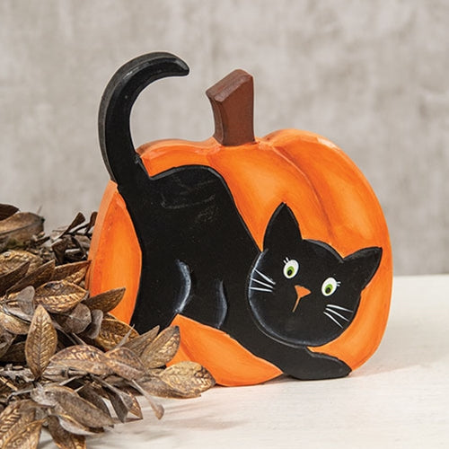 Hand Carved Wooden Black Cat Pumpkin Sitter