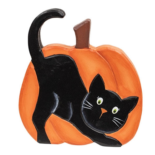Hand Carved Wooden Black Cat Pumpkin Sitter