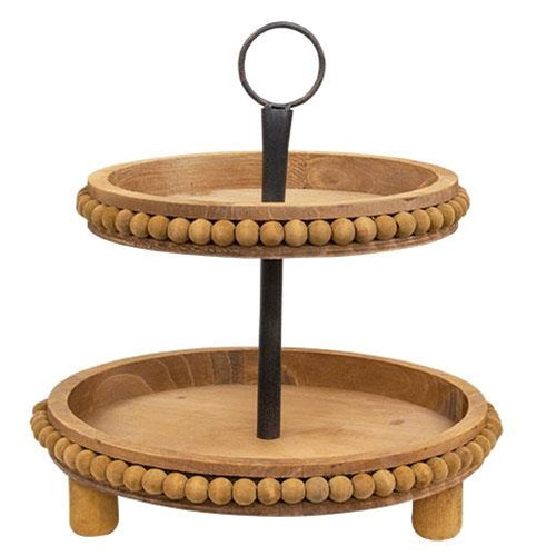 Natural Wood Beaded Two Tiered Tray