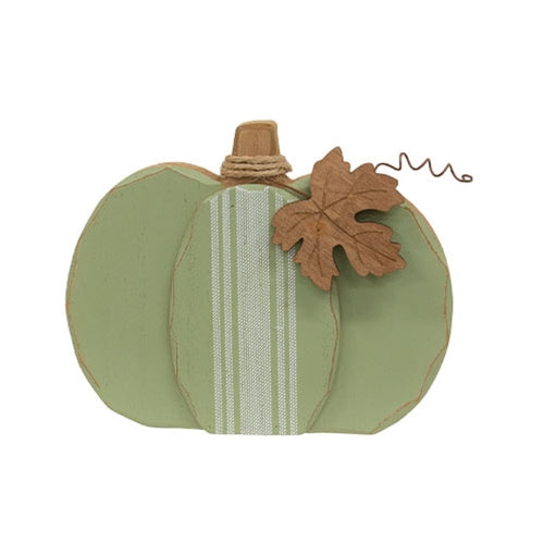 Distressed Chunky Wooden Feed Sack Stripe Pumpkin w/Leaves Sitter