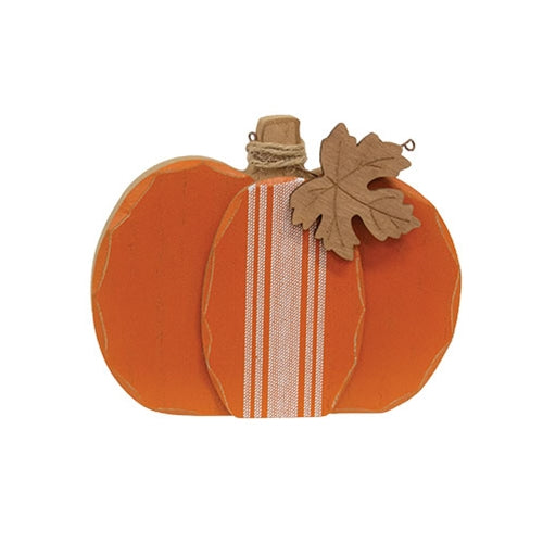 Distressed Chunky Wooden Feed Sack Stripe Pumpkin w/Leaves Sitter