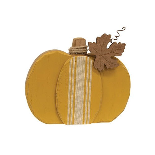 Distressed Chunky Wooden Feed Sack Stripe Pumpkin w/Leaves Sitter