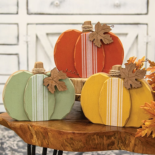 Distressed Chunky Wooden Feed Sack Stripe Pumpkin w/Leaves Sitter