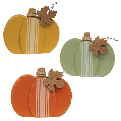 Distressed Chunky Wooden Feed Sack Stripe Pumpkin w/Leaves Sitter