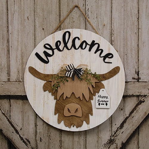Welcome Highland Cow Sign w/ Seasonal Ear Tags